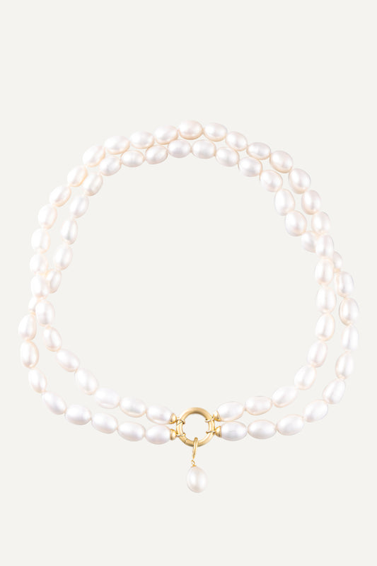 DOUBLE PEARL ROW NECKLACE WITH DROP PENDANT